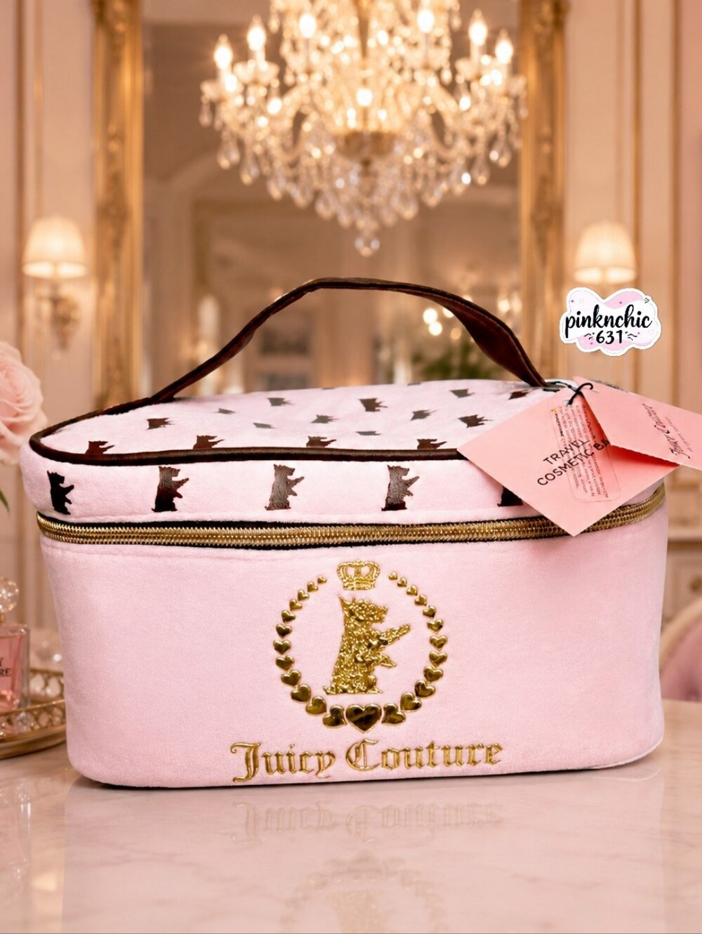 Juicy Couture Scottie Dogs Pink Cosmetic Makeup Bag Case Gold Foil Logo Charms